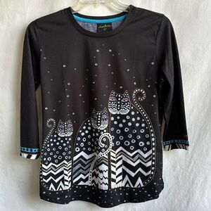 Laurel Burch black cat print top, size L